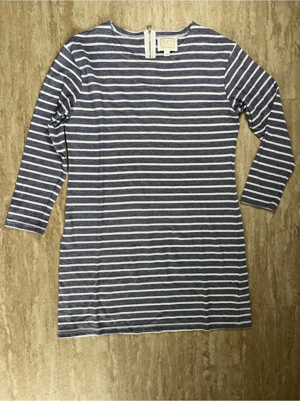 Sail to Sable Blue White Striped 3/4 Long Sleeve Nautical Shift Dress Large